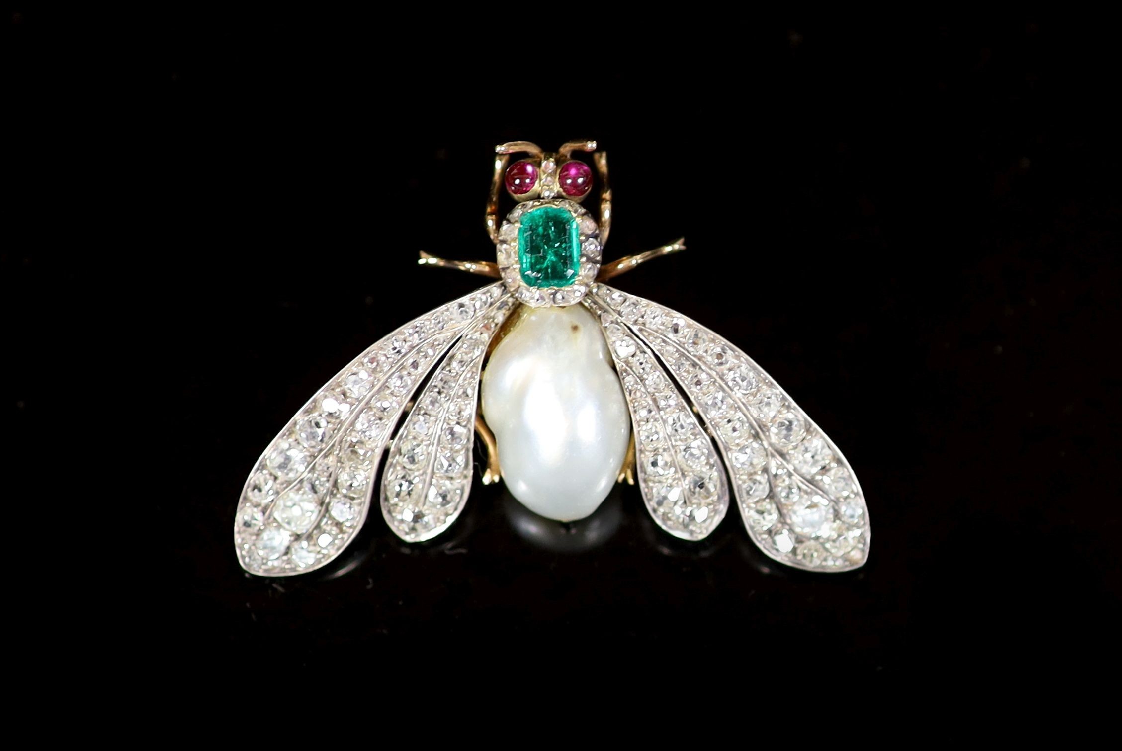 A cased late Victorian gold, baroque pearl, emerald ruby and graduated old mine cut diamond set bee brooch